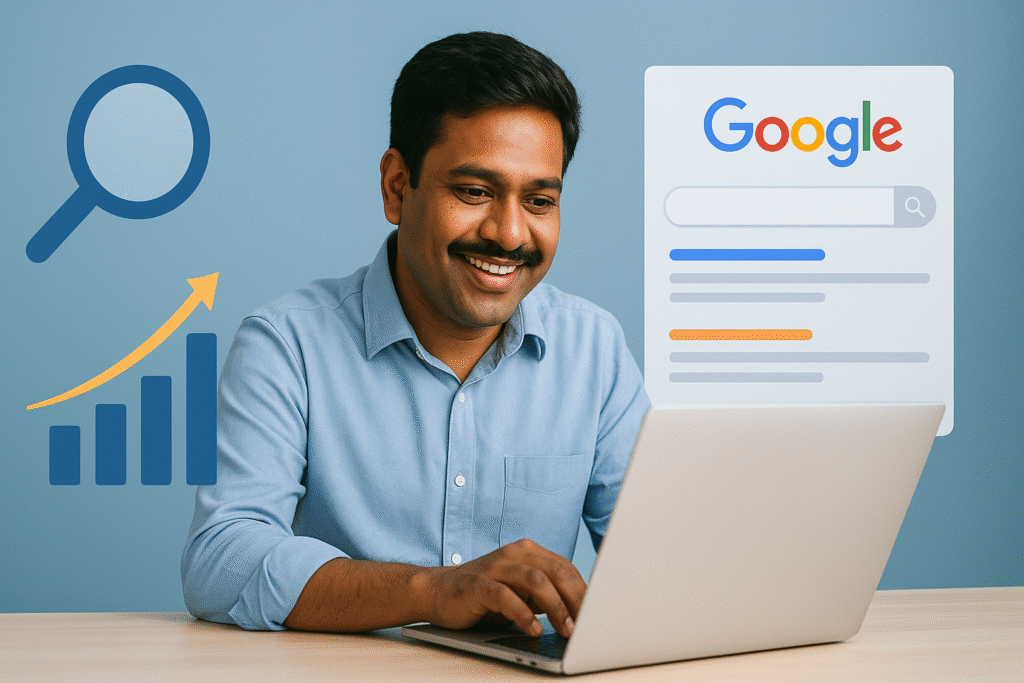 SEO tips for small businesses illustrated with laptop and growth chart