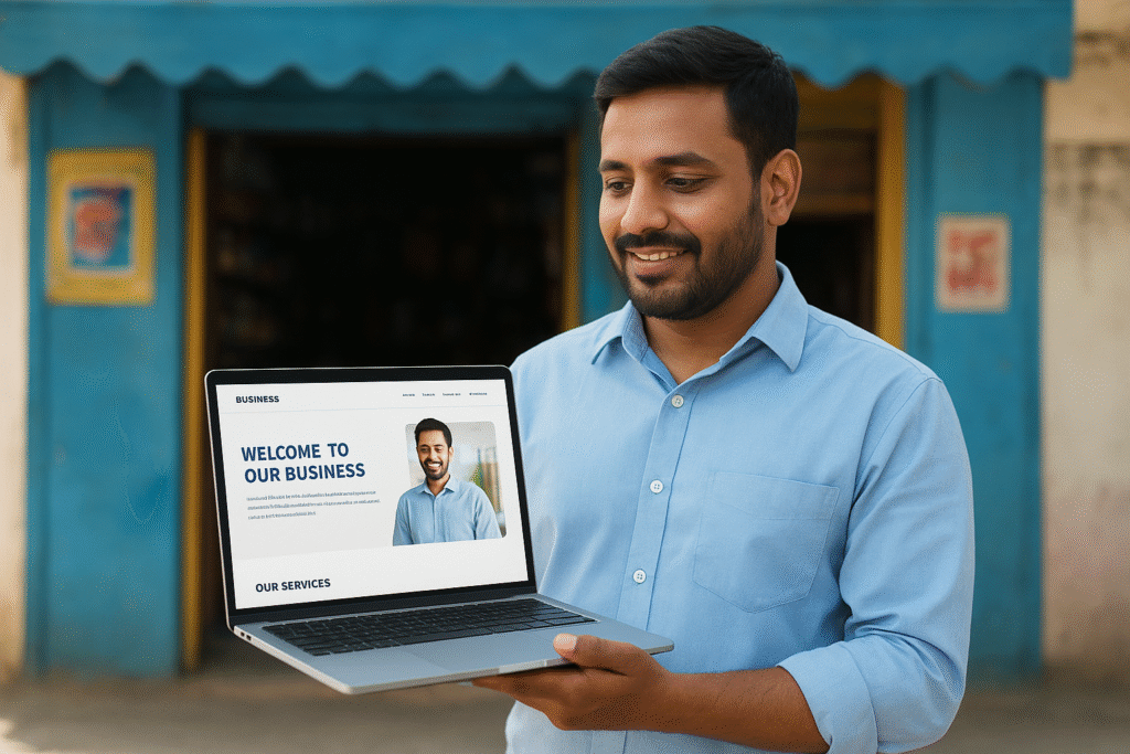 Small business owner in India managing their website.