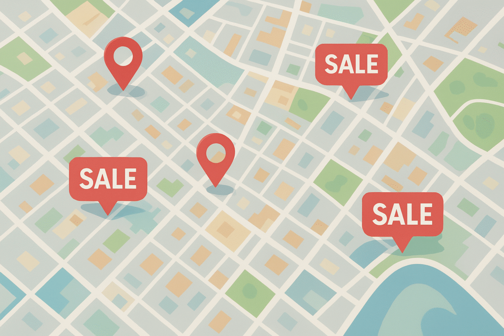 Local city map with pins and sale icons representing targeted Meta Ads