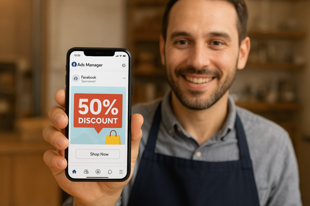 Shop owner holding smartphone showing Facebook Ads Manager with discount ad preview