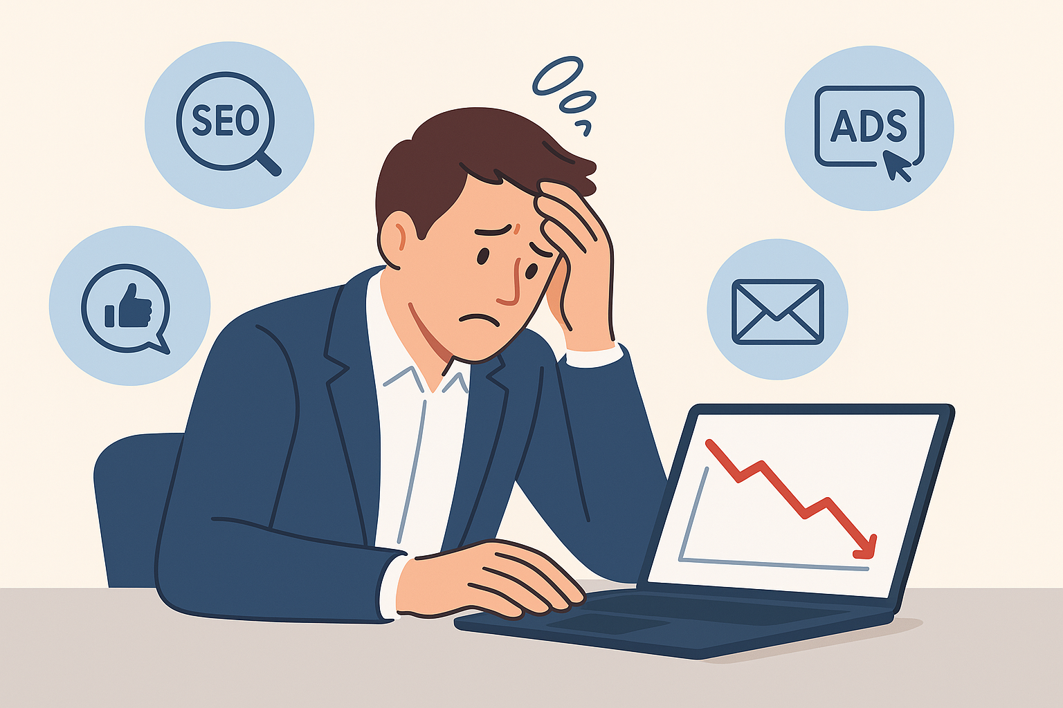 Frustrated business owner viewing declining sales graph surrounded by digital marketing icons